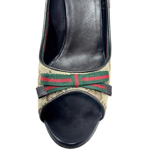 Gucci GG Guccissima Supreme Canvas Red Green Web Ophidia Bow Peep Toe Heels 37.5 - Picture 7 of 10